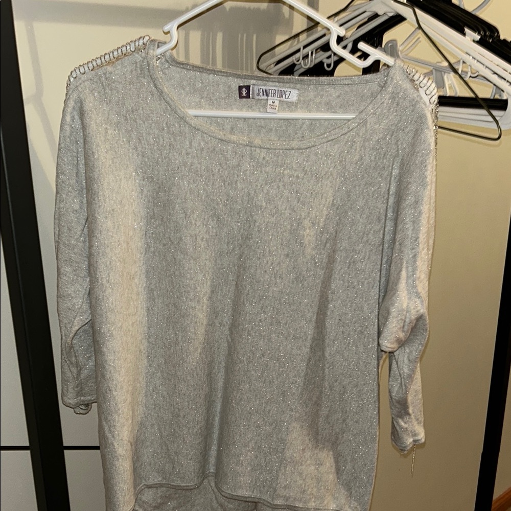 Jennifer Lopez Gray Sweater with Embellished Shoulders
